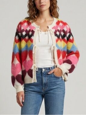 Yumi Multicolour Tie Front Heart Intarsia Cardigan Size S